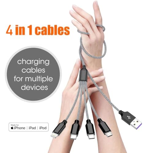 Multi Charging Cable 4ft 2Pack, Doub Tyep-C 4 in 1 Charging cable Nylon Braided Lightning iPhone Charger,Universal Charger Phone Cord With Type-C,Micro USB,IP Port for iPhone17-5/Android -Black Grey - Thumbnail 2
