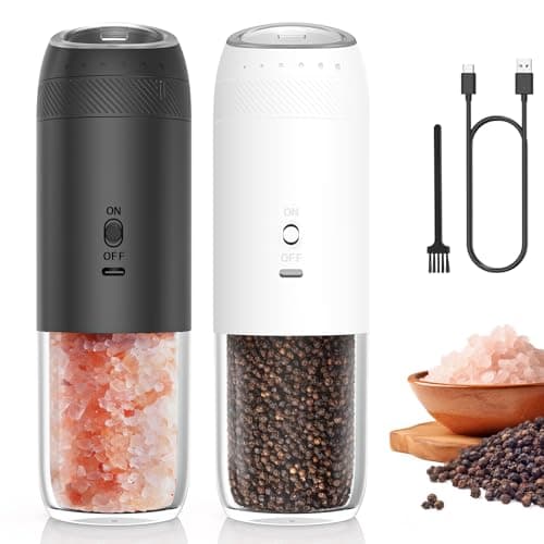Yumcook Rechargeable Electric Salt and Pepper Grinder Set, Gravity Automatic Salt and Pepper Shakers with LED Light, Type C Charging, Adjustable Coarseness, Large Capacity Mills Set (Black & White) - Image 1