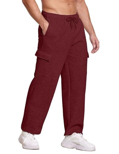 Deyeek Mens Jogger Sweatpants Open Bottom Cargo Sweatpants for Men Loose Fleece Lined Sweat Pants Thick Cotton Maroon Sweats - Image 1