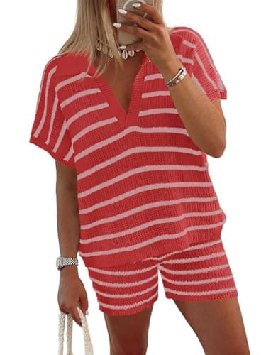 Tankaneo Womens 2 Piece Outfits Striped Knit Summer Sets V Neck Short Sleeve Tops and Shorts Lounge Matching Set Watermelon Red Medium - Image 1