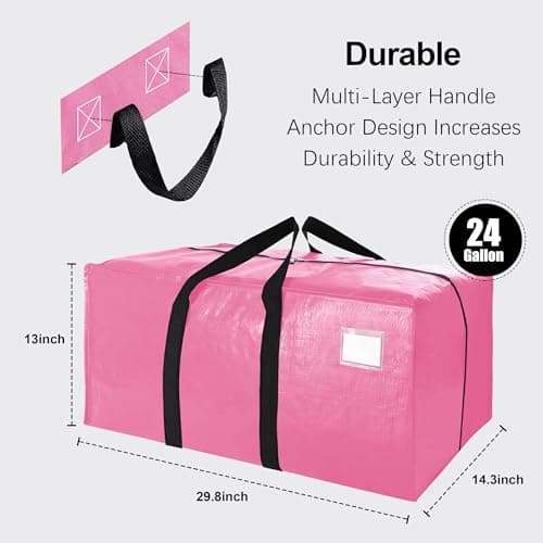 VELVETSURE 12 Pack Heavy Duty Large Moving Bags W/Backpack Straps - Strong Handles & Zippers, Storage Totes For Space Saving, Fold Flat, Alternative to Moving Box and Storage Bin, Pink - Thumbnail 2
