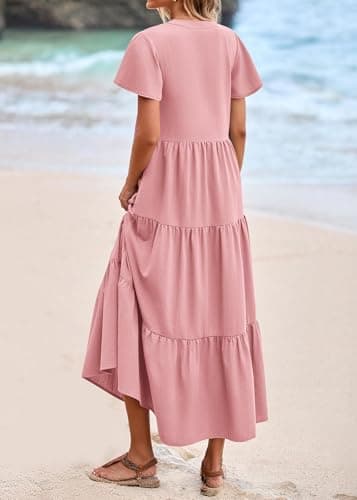 KIRUNDO Summer Maxi Dresses for Women 2026 Spring Fashion Short Sleeve Button V Neck Pleated Loose Tiered Swing Flowy Dress(Pink, Medium) - Thumbnail 2