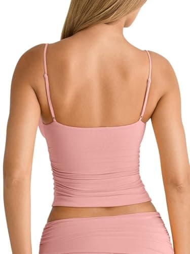 PINKMSTYLE Women's Sexy V Neck Ruched Cami Top Sleeveless Spaghetti Double Layer Fitted Crop Tank Tops Pink Small - Thumbnail 6
