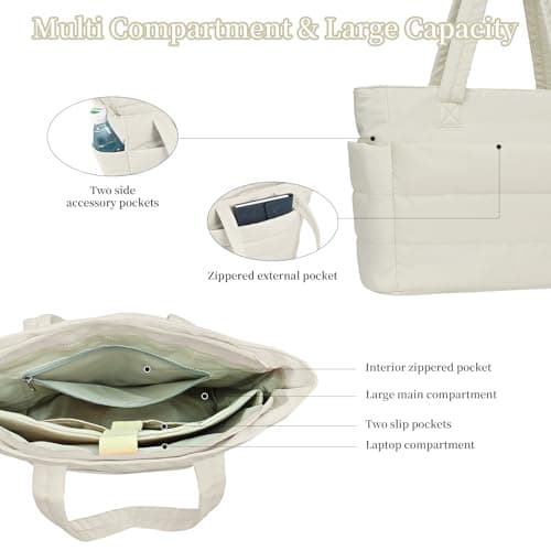 JHhomezeit Puffer Tote Bag for Women-Large Work Tote Bags Quilted Lightweight Puffy Bags Shoulder Bag with Laptop Compartment Beige - Thumbnail 5