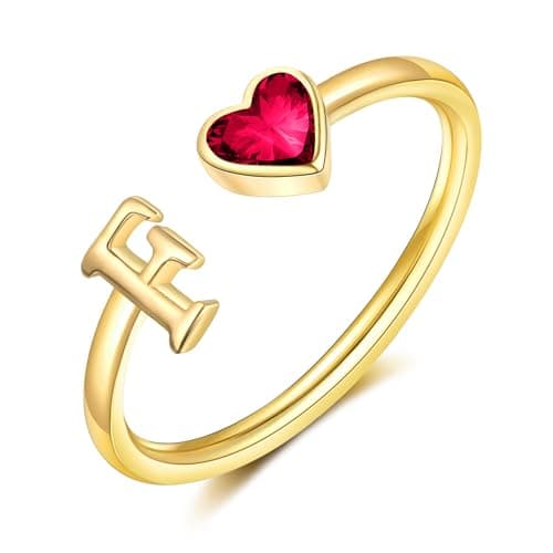 Easter Basket Stuffers-Initial Rings for Women Teen 14K Gold Plated Birthstone Rings Stackable Dainty Letter Rings Christmas Birthday Birthstone Jewelry Gifts for Mother Daughter,Adjustable Size - Image 1