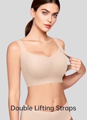 REALWILL Everyday Comfortable Wireless Bra Supportive Push Up Minimizer Bras for Women Seamless Soft Tshirt Bras No Underwire Full Coverage Bralette Lift Bra Nude L - Thumbnail 4