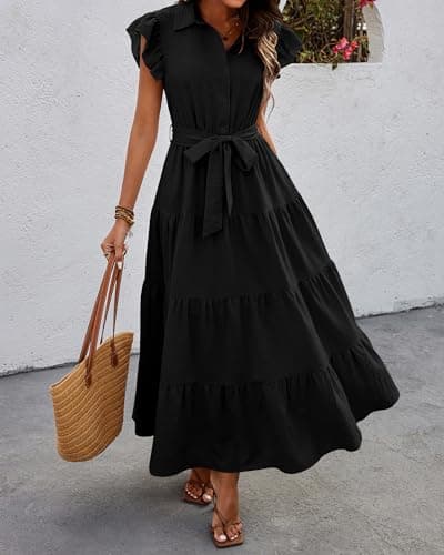 dowerme Women Summer Dress 2025 Cap Ruffle Sleeve V Neck Button Up High Waist Belted Tiered Boho Flowy Long Sun Dresses(Black,X-Large) - Thumbnail 2