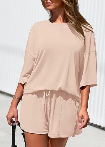 KIRUNDO 2 Piece Sets for Women Summer Lounge Sets Casual Oversized Tshirts Shorts Matching Airport Travel Outfits Postpartum(Beige, Medium) - Thumbnail 6