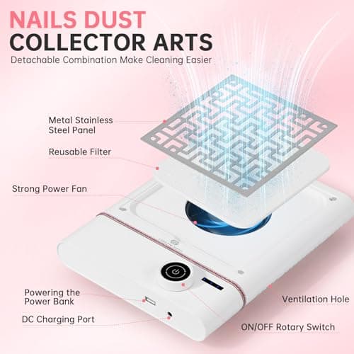 CHRISTINE SHELLY Nail Dust Collector, Bling Diamond Cordless Rechargeable 5000RPM Vacuum Nail Tech Fan Extractor, Professional Nail Duster Suction, Low Noise, Salon&Home - Thumbnail 4