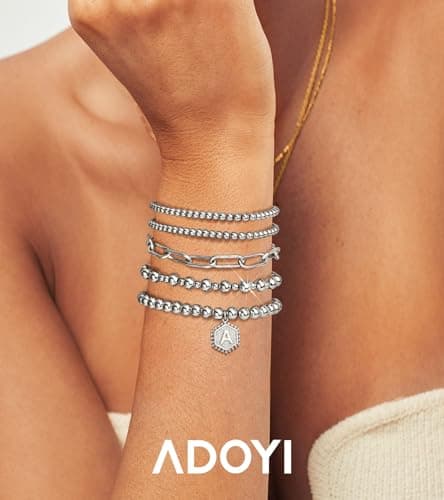 adoyi Silver Beaded Bracelets for Women, 14K Gold Plated Jewelry Bracelet Stack Dainty Initial Stackable Stretch Bead Ball Letter N Strand Bracelet Set Adjustable Gift for Women - Thumbnail 2