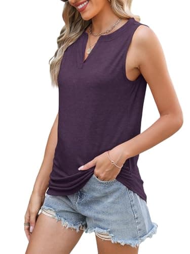 Womens Tank Tops Loose Fit V Neck Tank Tops for Women Summer Casual Sleeveless Shirts Purple S - Thumbnail 3
