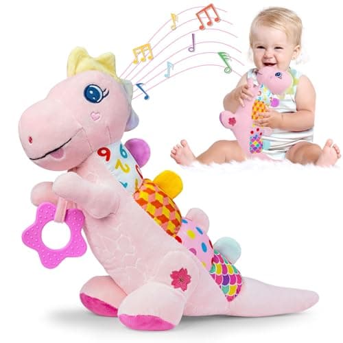 Baby Dino Musical Stuffed Animal Toys for 0-3-6-9-12 Months，Infant Dinosaur Tummy Time Toys with Crinkle Sound Paper，Teether，Textures & Rattles for Newborn Boys Girls Birthday Gifts，Pink - Image 1