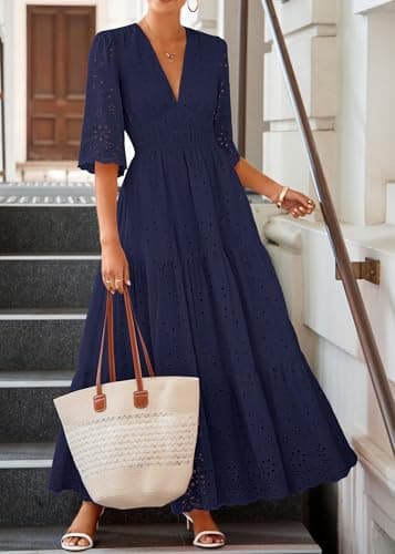 Lazysmile Long Sleeve Dresses for Women V Neck Hollow Out Eyelet Ruffle Swing A-Line Fall Vacation Boho Maxi Dress Navy - Thumbnail 6