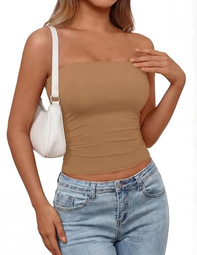 PRETTYGARDEN Womens Tube Top 2026 Summer Going Out Tops Strapless Y2K Bandeau Spring Fitted Shirts Beach Vacation Clothes (Camel,Small) - Image 1