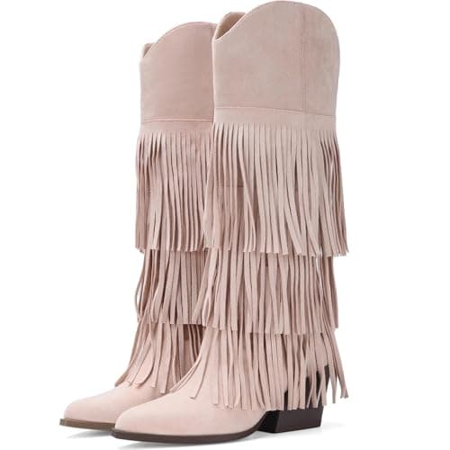 Grakihily Cowgirl Boots for Women Retro Pointed Toe Pull On Block Chunky Heel Fringe Country Concert Outfits Knee High Western Suede and Faux Leather Cowboy Boots - Image 1