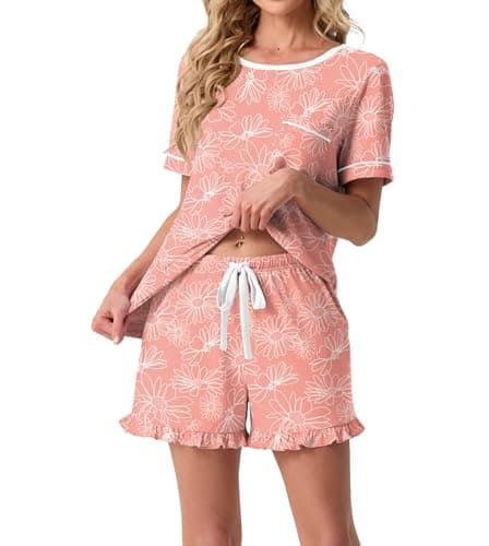 PrinStory Womens Pajama Set 2 Piece Short Sleeve Top and Shorts Pjs Cute Lightweight Pj Sets Soft Lounge Set with Pockets FP-Pink Sunflower-S - Thumbnail 3