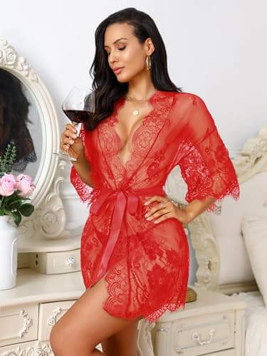 Rigeri Sexy Lingerie for Women Lace Kimono Robe Chemise Nightgown Red XL - Thumbnail 4