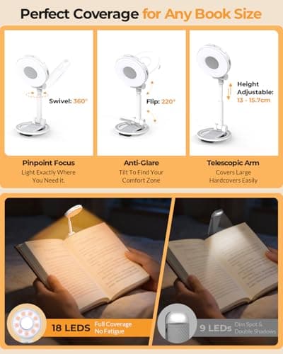 EastPin Reading Lights for Books in Bed: 18 LED Rechargeable Clip-on Book Light with Timer Memory, Eye Care 3-Color Stepless Dimming Compact Portable for Travel, Crafting, Knitting, Book Lovers Gifts - Thumbnail 4