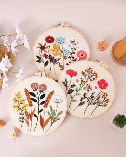 Mozzyyee 3 Sets Embroidery Starter Kit for Beginners Adults Include 3 Embroidery Clothes with Instructions Hoops Floss Thread Fabric Needles (Floral) - Thumbnail 2