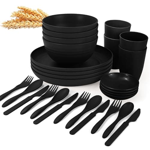 Wrova Wheat straw dinnerware set of 28 - Bowls and Plates Set for Dorm - Microwave and Dishwasher safe dish sets for kitchen,camping,indoors and out doors.Black - Image 1