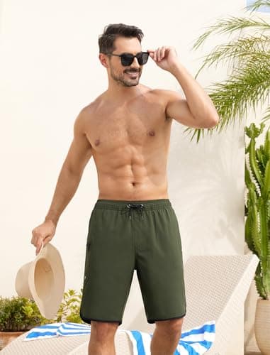 SILKWORLD Men's Swim Trunks Quick Dry Bathing Suits Water-Resistant Summer Beach Shorts with Pockets, Army Green, Medium - Thumbnail 3