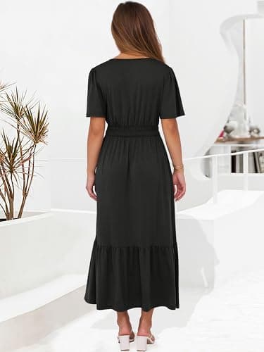 ANRABESS Women's Summer Short Sleeve Maxi Dress 2026 Casual V Neck High Waist A-Line Flowy Loose Tiered Boho Long Dresses Black Large - Thumbnail 5