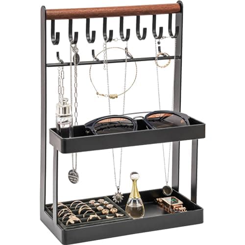 Lolalet 4-Tier Jewelry Organizer Stand with 12 Hooks, Necklace Bracelet Ring & Sunglasses Holder, Cute Metal Jewelry Storage Rack for Vanity, Dresser or Entryway, No Assembly -Black - Image 1