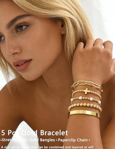 17 MILE Gold Beaded Bracelets for Women Non Tarnish, 14K Gold Plated Chunky Paperclip Chain Bracelet, Pearl Stretch Stackable Bracelet, Cross Bead Ball Elastic Bracelet Stack - Thumbnail 2