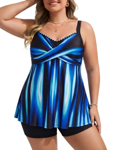Hanna Nikole Plus Size Tankini Swimsuits for Women, Swim Suits for Women 2026, Swim Tank Top with Boy Shorts Black Background with Blue 24 Plus - Image 1