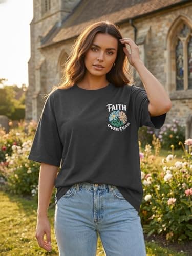 Christian Shirts for Women Oversized Faith Over Fear Boho Tops God Bible Verse Inspirational Tees Jesus Religious Gifts - Thumbnail 2