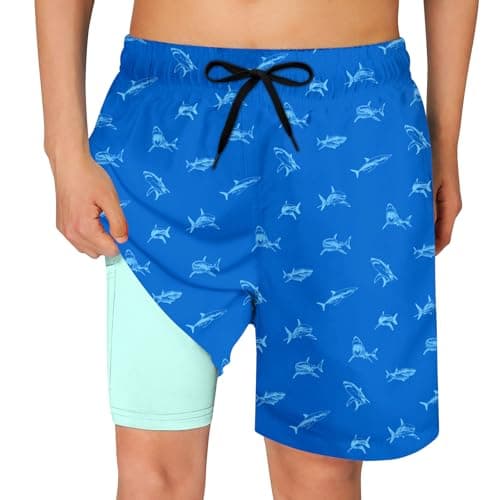 Cozople Boys Shark Swim Trunks Swimwear UPF50+ Quick Dry Beach Board Shorts Soft Stretchy Boxer Brief Liner Surf Swimsuit Casual Sports Running Shorts for Youth Kids Size 8 - Image 1