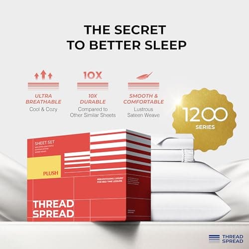 THREAD SPREAD 100% Egyptian Cotton King Size Sheets Set - Luxury 1200 Series Plush Collection Egyptian Cotton Sheets King Size (4 PC, White), Silky Soft, Cooling, 17" Deep Pocket Bed Set - Thumbnail 2