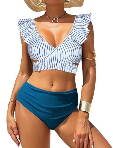 ZAFUL Swim Suit for Women 2025 Tummy Control High Waisted Bikini Sets with Bikini Bottom Stylish Cutout 2 Piece Push Up Bathing Suit Blue Striped M - Image 1