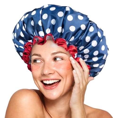 mikimini Shower Cap Reusable Waterproof for Women, Large Shower Cap for Long Hair with Elastic Band - Double-Layer Hair Cap with Classic Polka Dot Print for Thick Hair & Braids - Image 1