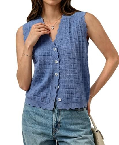 AceNest Casual Cardigan Sweaters Casual Fall Vest Top Trendy Ribbed Cute Summer Tops Denim Blue L