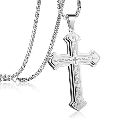 Rehoboth Men's Stainless Steel Nail Lord's Prayer Cross Pendant Necklace for Men Big Pendant and Strong Chain 24 Inch - Image 1