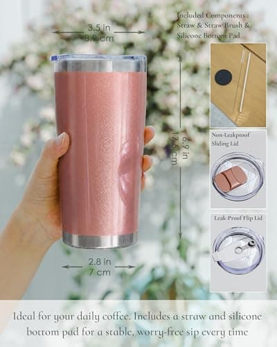 UIRZOTN Travel Coffee Tumbler 20oz, 1 Pack Travel Coffee Mug with Dual Lids and Straw, Stainless Steel Double Wall Vacuum Insulated Tumbler for Hot/Iced Drinks, Rose Gold - Thumbnail 2
