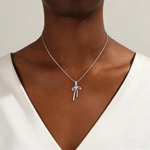 Fezodo Bow Necklace for Women Girls - Silver Bow Pendant Necklace Teen Girls Gifts Trendy Stuff Valentines Day Christmas Birthday Day Gifts for Girl Kids Jewelry - Thumbnail 3