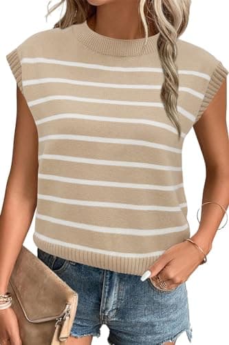 Arach&Cloz Womens Spring Summer 2024 Sweater Vest Crew Neck Stripe Sleeveless Tops Work Business Casual Clothes Outfits Khaki - Image 1