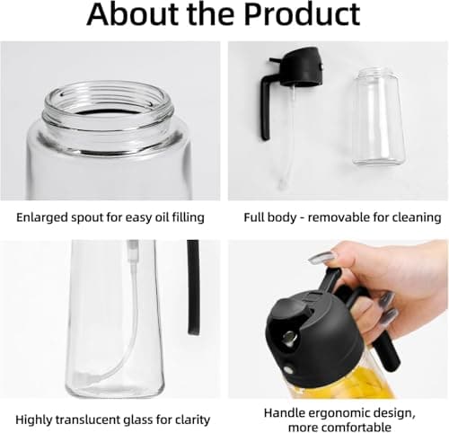 Aovdy Oil Sprayer for Cooking 16oz, 2 in 1 Olive Oil Dispenser and Oil Sprayer - 470ml Olive Bottle Spray and Pour - Glass Oil Dispenser for Kitchen Cooking Salad BBQ (2Pcs - White&Black) - Thumbnail 3