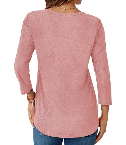 GKBK Womens Tops 3/4 Sleeve Shirts Round Neck Casual Blouses Basic Loose Fit Pullover Tshirts Dusty Pink M - Thumbnail 4