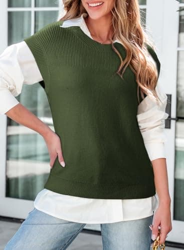 Dokotoo Tank Tops for Women Crewneck Shirts Blouses Tops Solid Sleeveless Sweaters for Women Fashion Business Spring Clothes Womens Sweaters Ribbed Knit Pullover Sweater Vest Green Small - Thumbnail 3