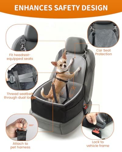 NUPIDA Dog Car Seat for Small Dogs, Dog Booster Seat with Extendable Backrest, Pet Car Seats up to 30 lbs, Washable Removable Cover Travel Bed with Storage Pockets and 2 Safety Leashes, Black&Grey - Thumbnail 5