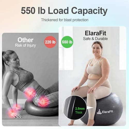 ElaraFit Anti Burst Large Exercise Ball for Yoga Non Slip Pilates Ball with Pump 550 lbs Capacity for Pregnancy, Fitness Size L 23 to 26 inches, About 58 to 65cm (Black) - Thumbnail 4