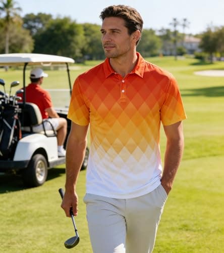 uideazone Polo Shirt for Men Slim Fit Athletic Golf Shirts Short Sleeve Orange White Yellow Performance Golf Polos 3XL - Thumbnail 2