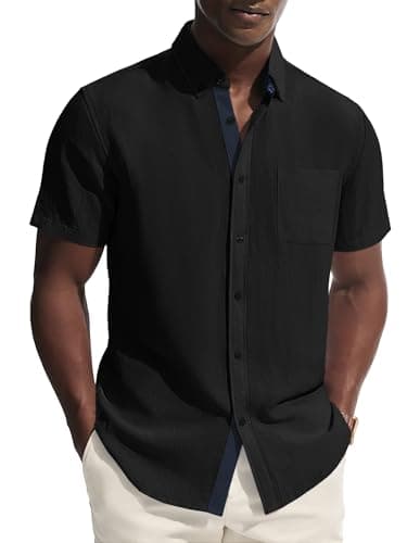 PJ PAUL JONES Mens Button Down Shirt Linen Short Sleeve Dress Shirts for Men Beach Summer Wedding Untucked Shirt Black - Image 1
