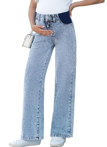 BLENCOT Womens Wide Leg Maternity Jeans Pregnancy Pants with Pockets High Waisted Baggy Myosotis Small - Image 1