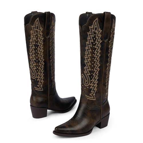 VIUGJNEX Dark Chocolate Brown Cowboy Boots for Women Knee High Western Cowgirl Boots Wide Calf Slip On Chunky Heel Pointed Toe Pull On Tall Boot for Party Concert Retro Classic Size 8.5 - Thumbnail 6