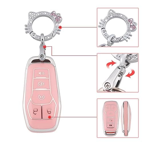 Pangpai Pink Key Fob Cover for Ford, Soft TPU Key Case Protection with Bling Keychain Fit for F150 Explorer Mustang Edge Lincoln MKZ MKX MKC - Thumbnail 4