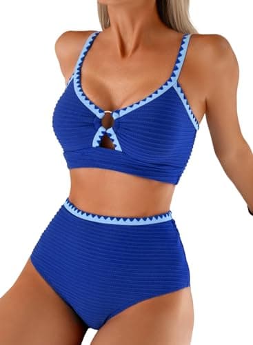 Herseas Womens Bikini Sets 2 Piece Swim Suits Textured Cutout O Ring Push Up Top Padded Whip Stitch 2026 Tummy Control Bathing Suits Teen Girls Casual Blue Vacation Outfits XX-Large - Image 1